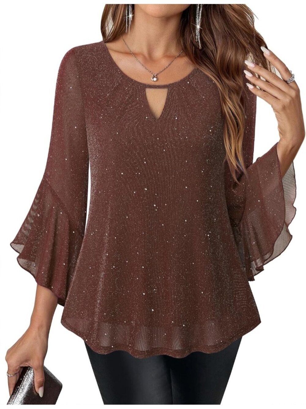 Women's Shirt Sparkly Brown Ruffle 3/4 Sleeve Blouses Glitter Cocktail Party Top
